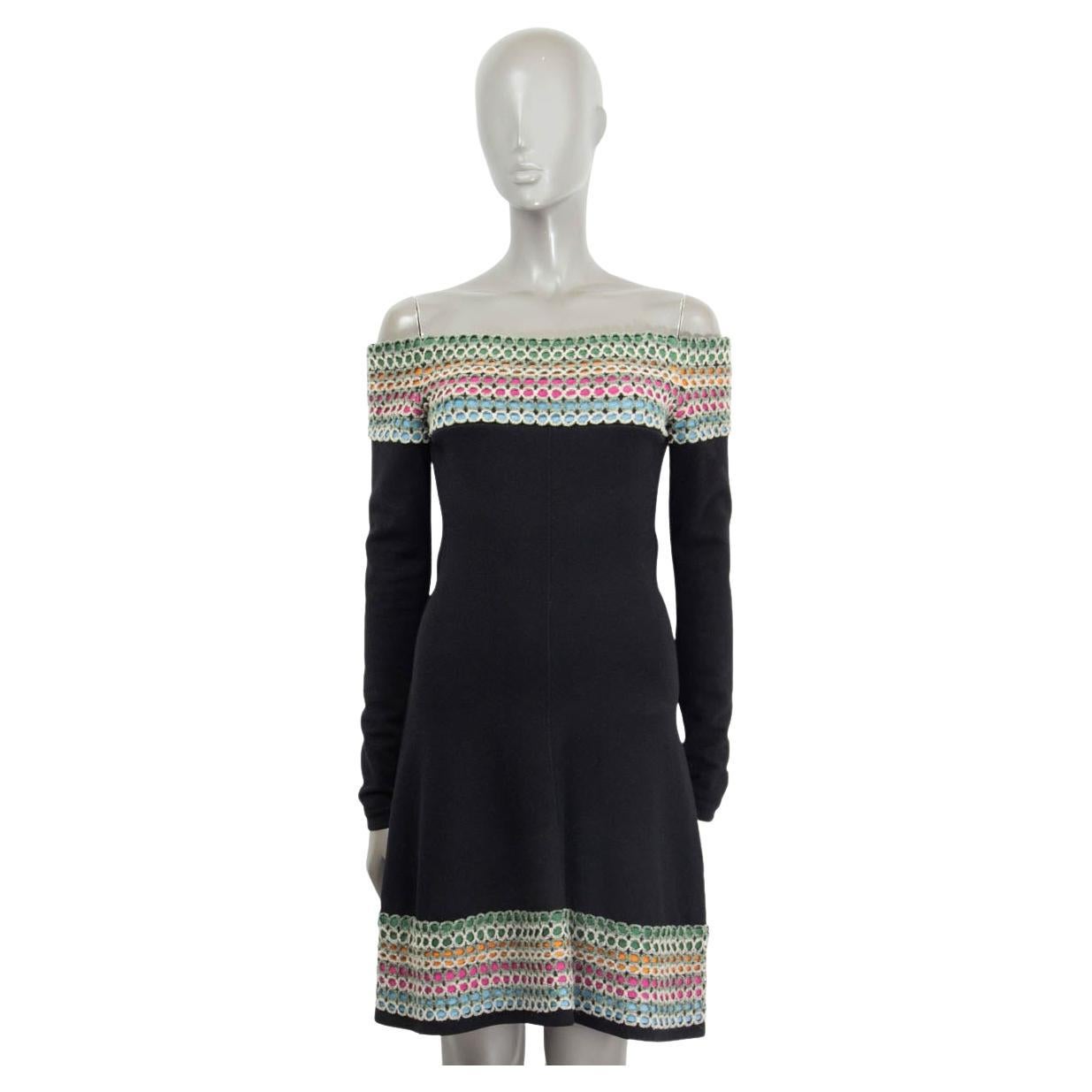 ALAIA black & multicolor wool blend OFF SHOULDER FLARED Dress XS For Sale