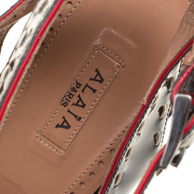Women's Alaia Black Patent Leather Criss Cross Ankle Strap Platform Sandals Size 38.5