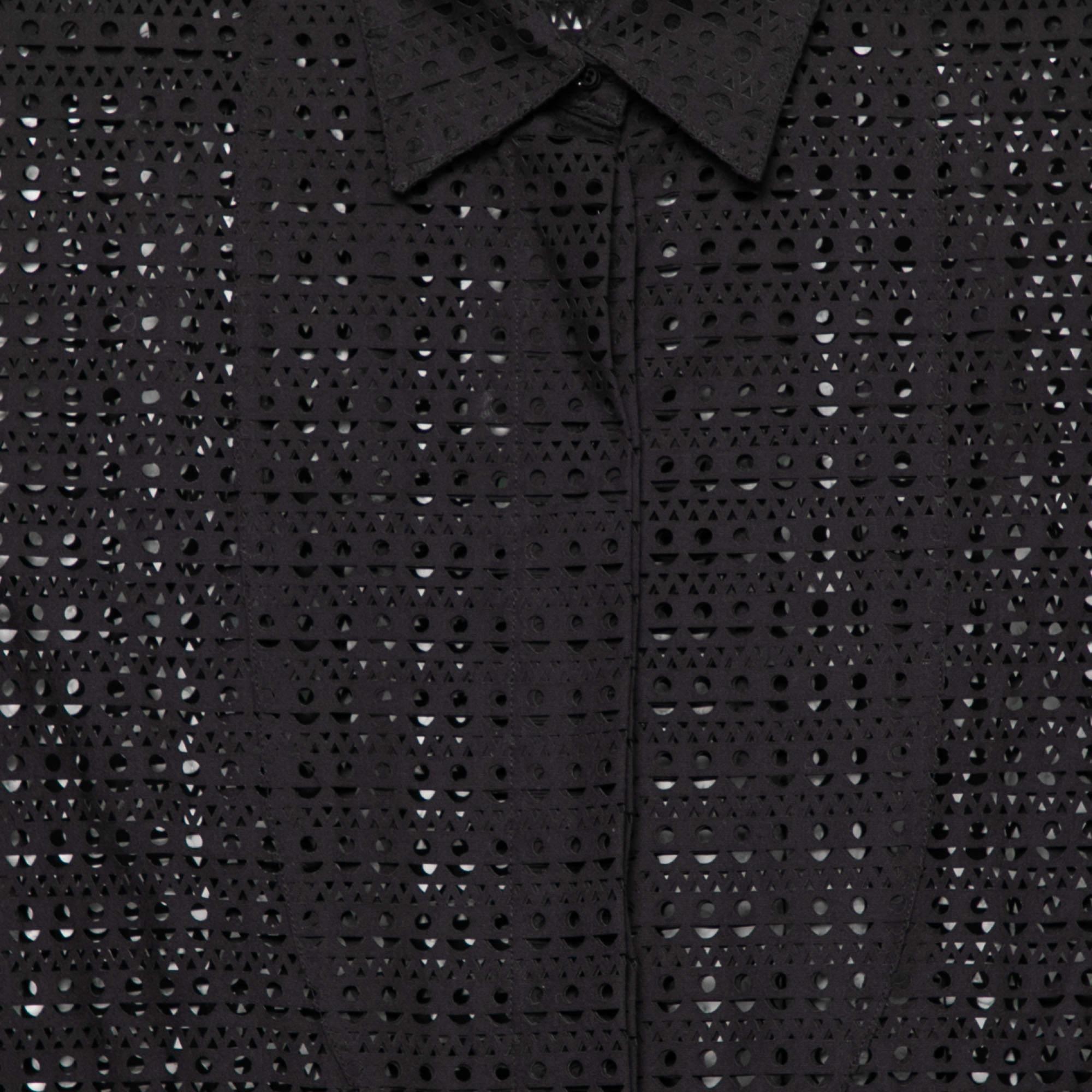 Alaia Black Patterned Laser Cut Cotton Shirt Dress M For Sale 1