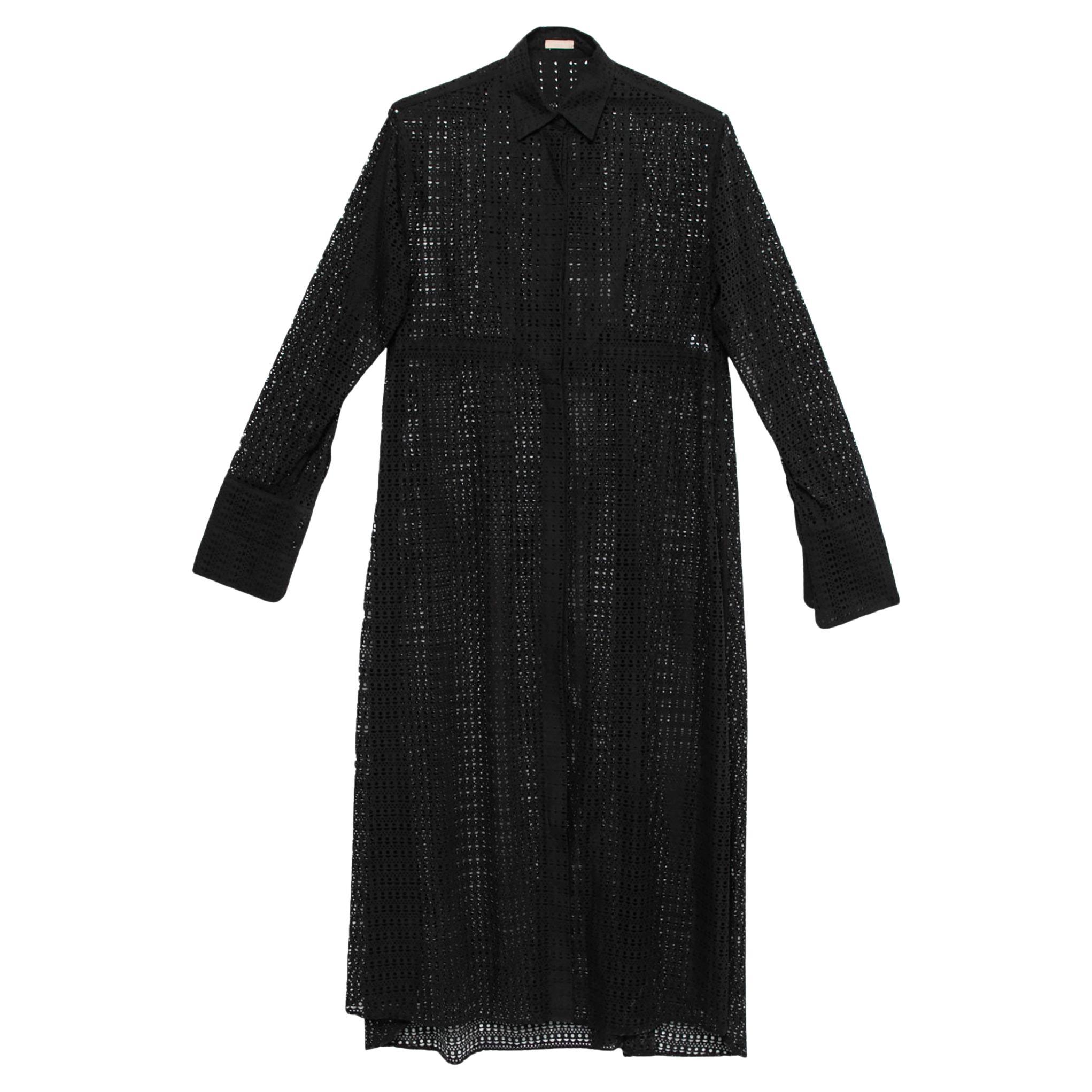 Alaia Black Patterned Laser Cut Cotton Shirt Dress M For Sale