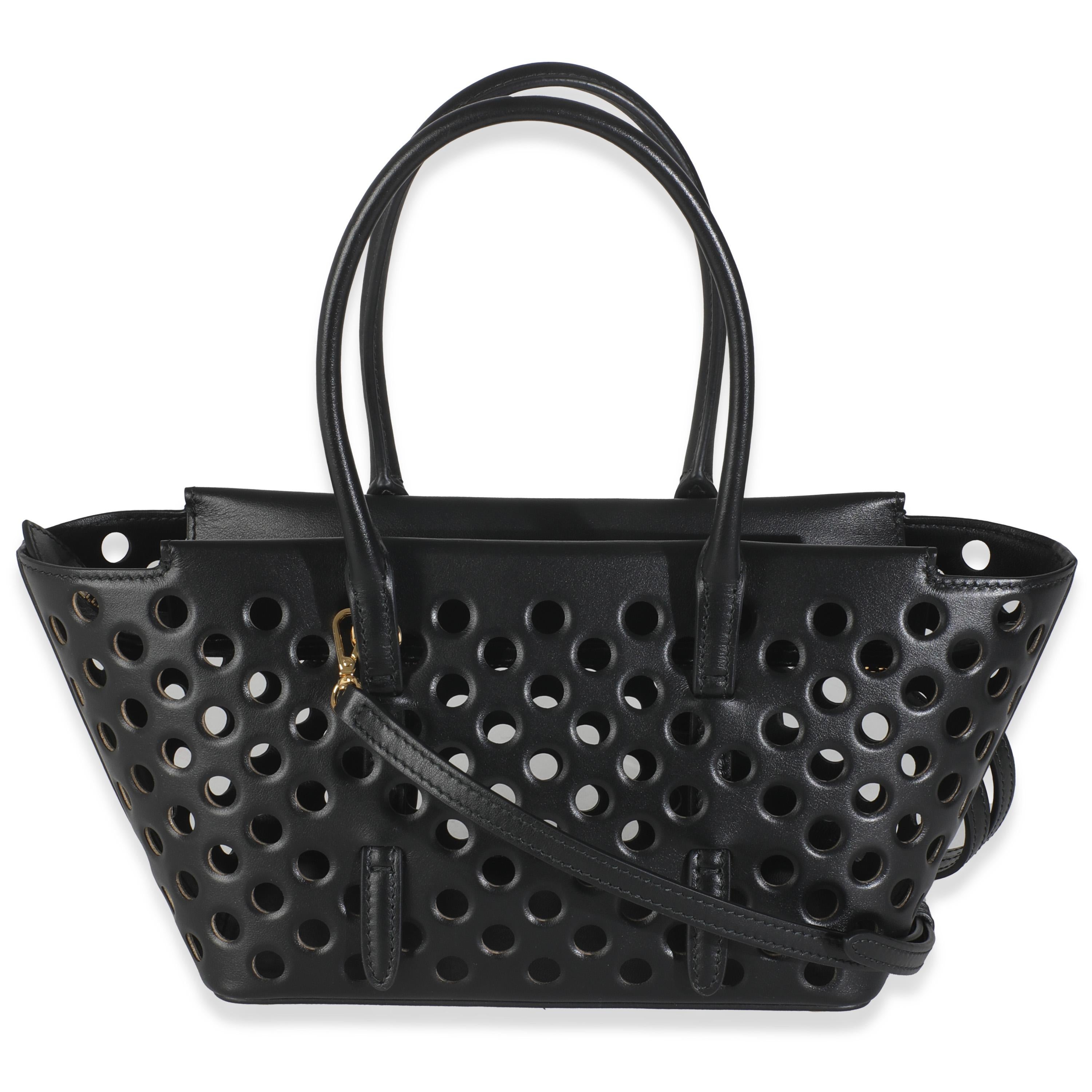 Listing Title: Alaia Black Perforated Calfskin Neo Mina 20
SKU: 145789
MSRP: 2290.00 USD
Condition: Pre-owned 
Handbag Condition: Excellent
Condition Comments: Item is in excellent condition and displays light signs of wear.  Final sale Scratches