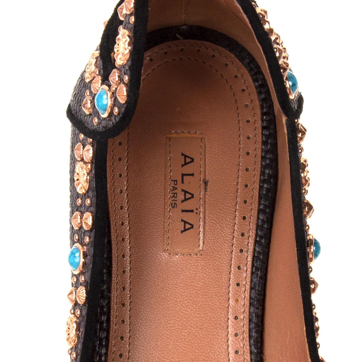 Black ALAIA black raffia EMBELLISHED FLAT ANKLE STRAP Sandals Shoes 38 For Sale