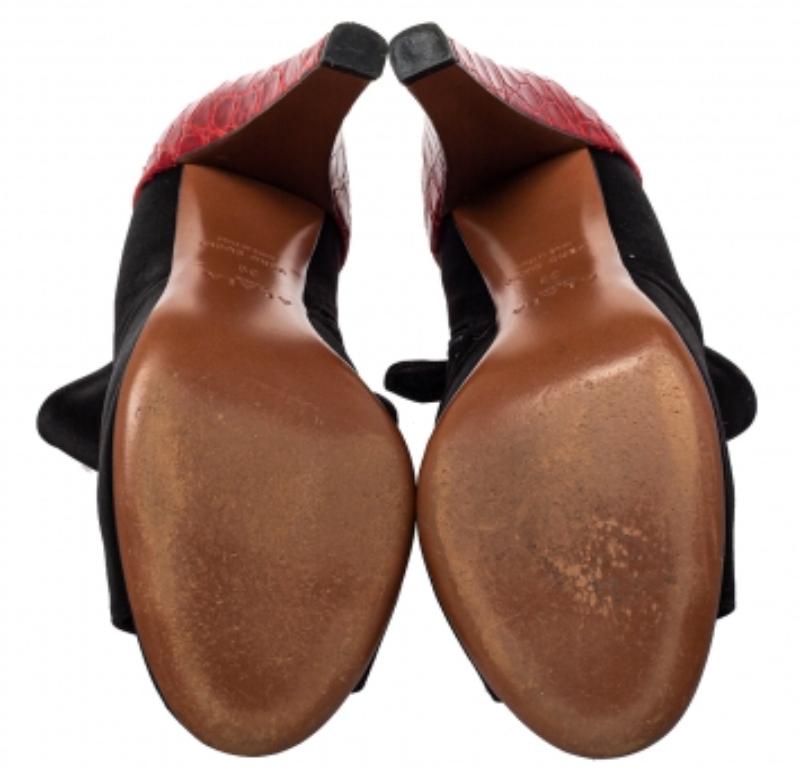 Alaia Black/Red Satin And Croc Embossed Leather Ankle Boots Size 39 For Sale 3