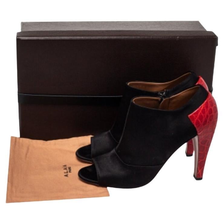 Alaia Black/Red Satin And Croc Embossed Leather Ankle Boots Size 39 For Sale 4