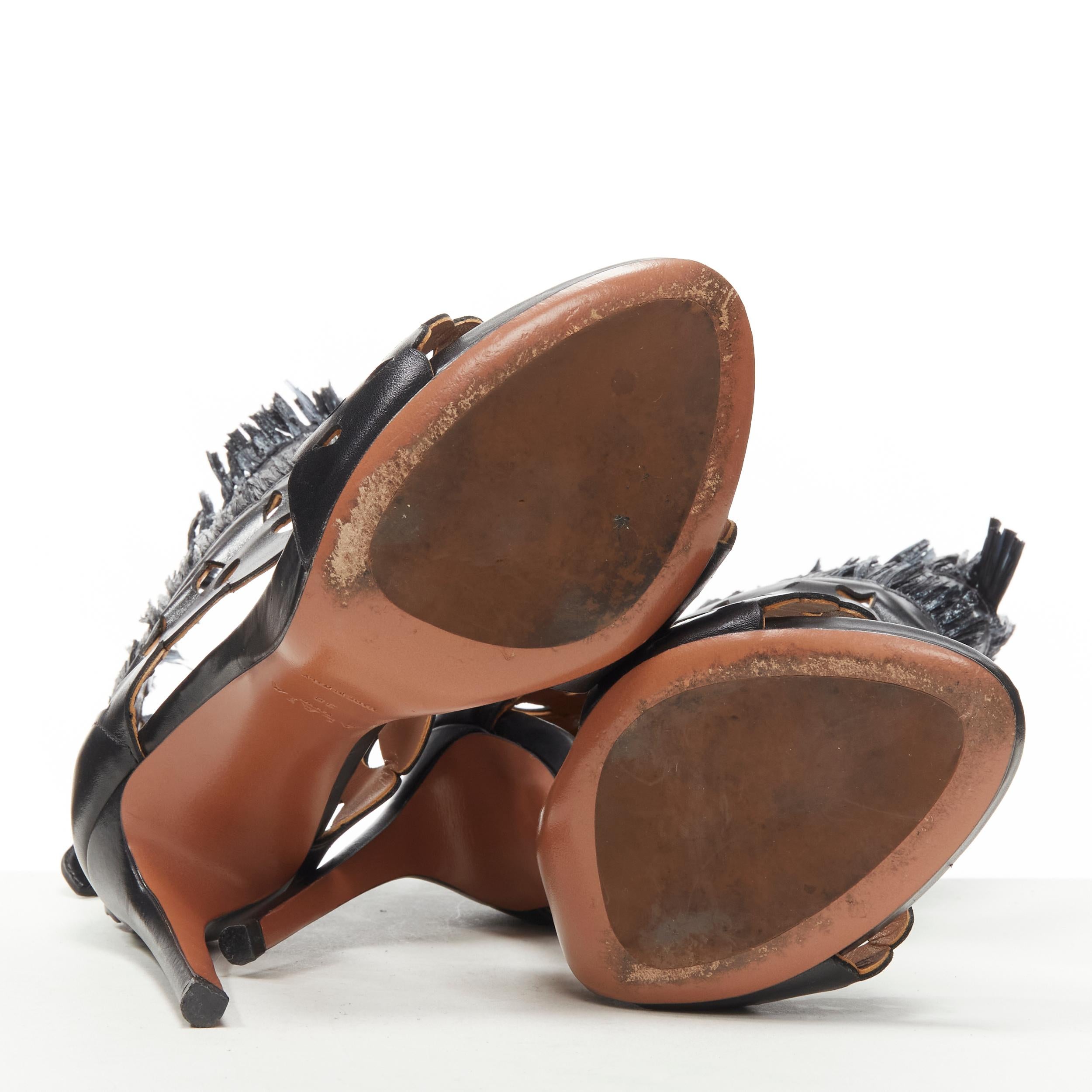 ALAIA black squiggle cut out raffia fringe platform high heel sandals EU38 For Sale 3