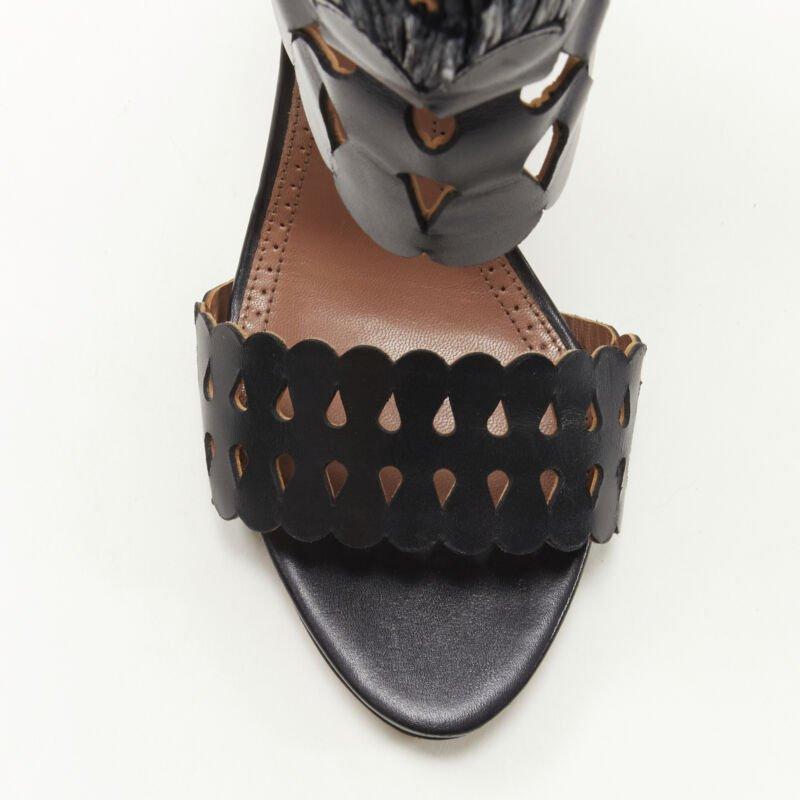 ALAIA black squiggle cut out raffia fringe platform high heel sandals EU38 For Sale 1