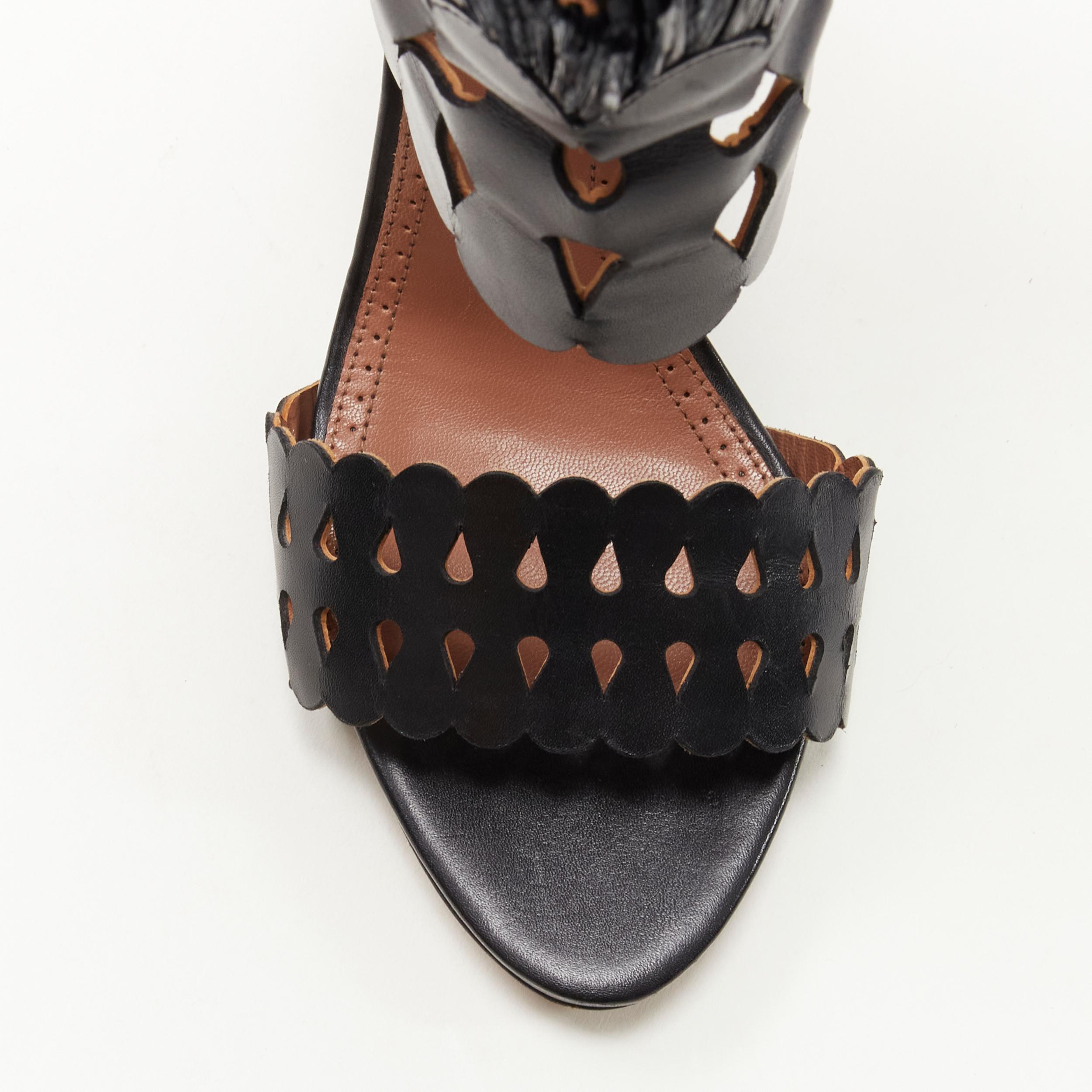 Black ALAIA black squiggle cut out raffia fringe platform high heel sandals EU38 For Sale
