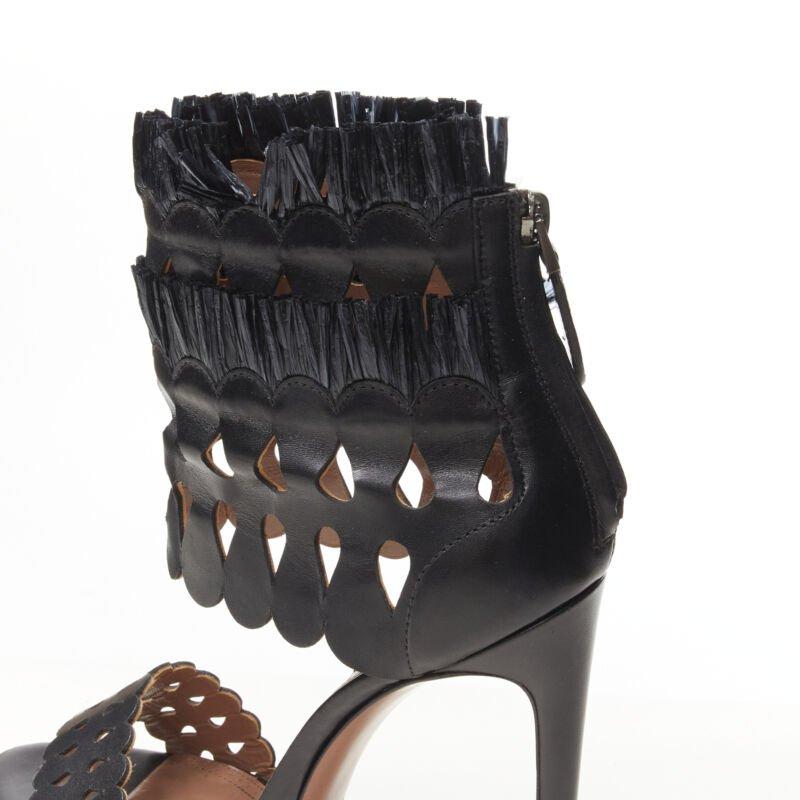 ALAIA black squiggle cut out raffia fringe platform high heel sandals EU38 For Sale 3