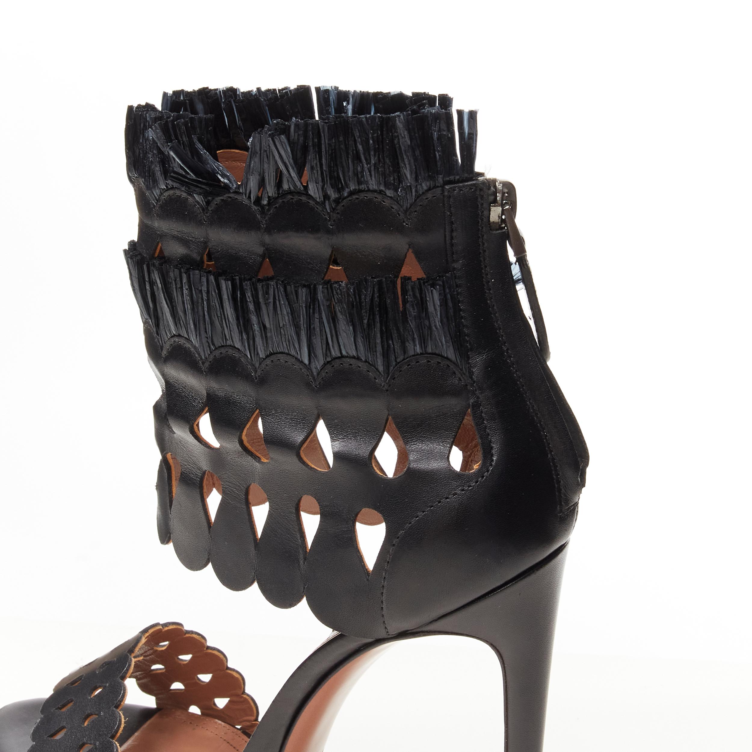 Women's ALAIA black squiggle cut out raffia fringe platform high heel sandals EU38 For Sale