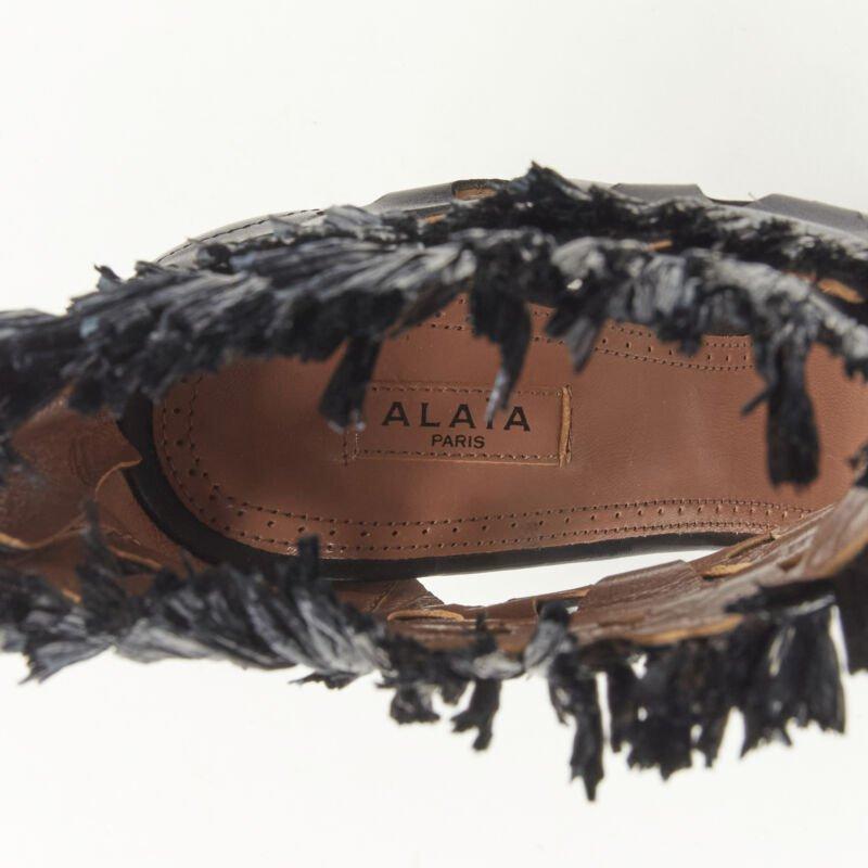 ALAIA black squiggle cut out raffia fringe platform high heel sandals EU38 For Sale 4