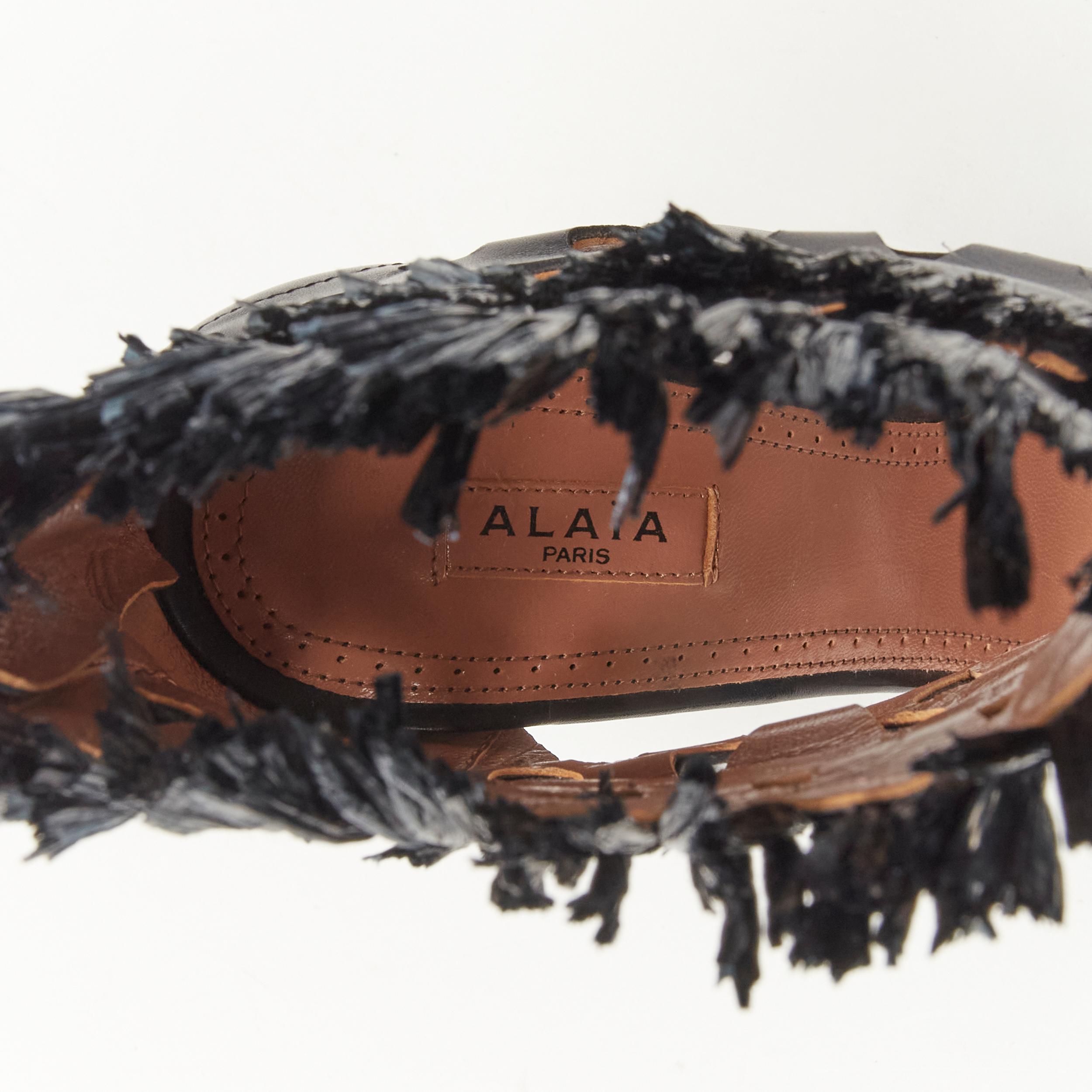 ALAIA black squiggle cut out raffia fringe platform high heel sandals EU38 1