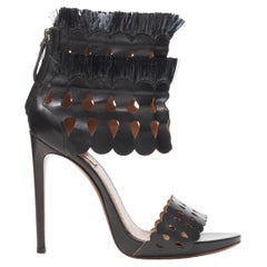 ALAIA black squiggle cut out raffia fringe platform high heel sandals EU38