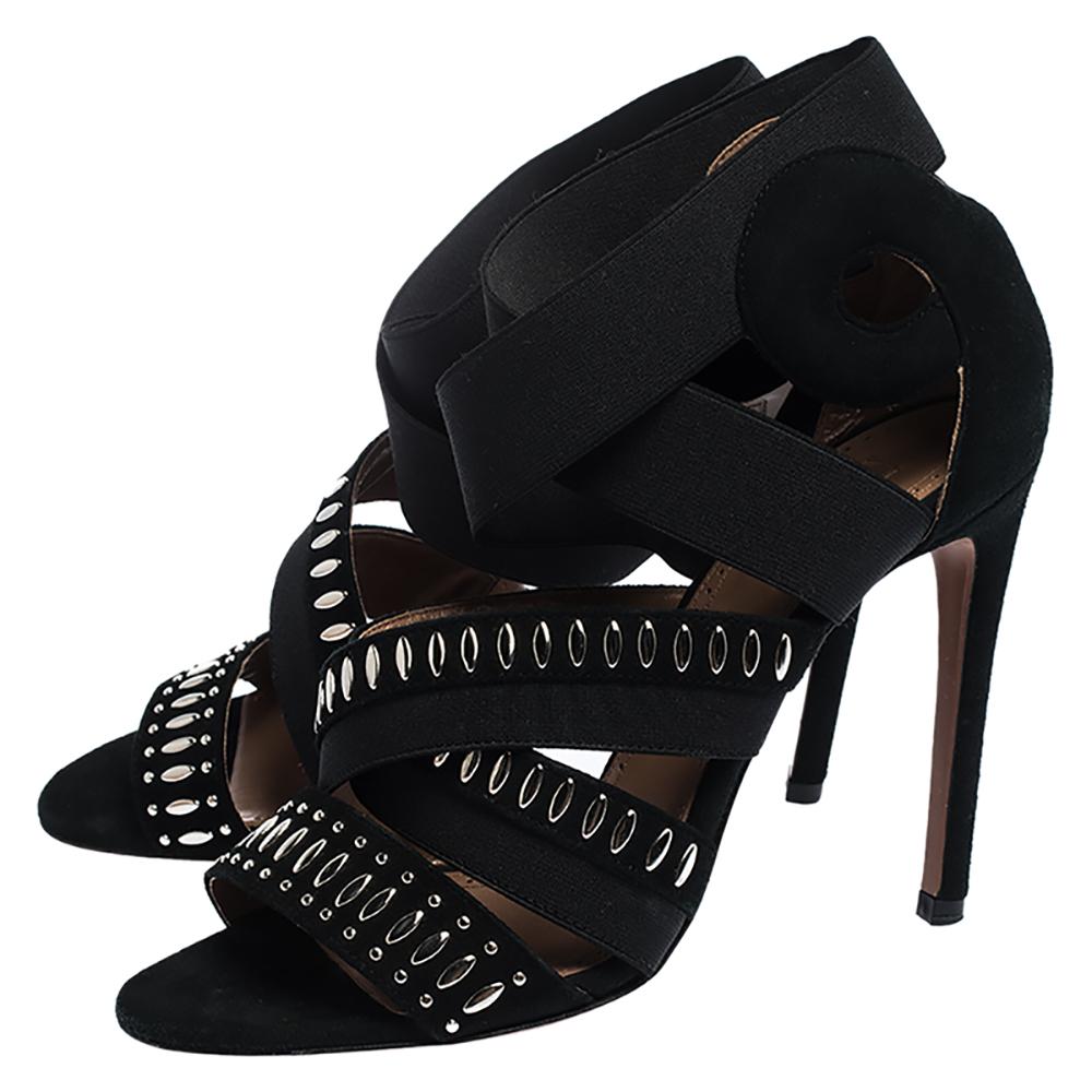 Alaia Black Studded Suede Cross Strap Peep Toe Sandals Size 36 2