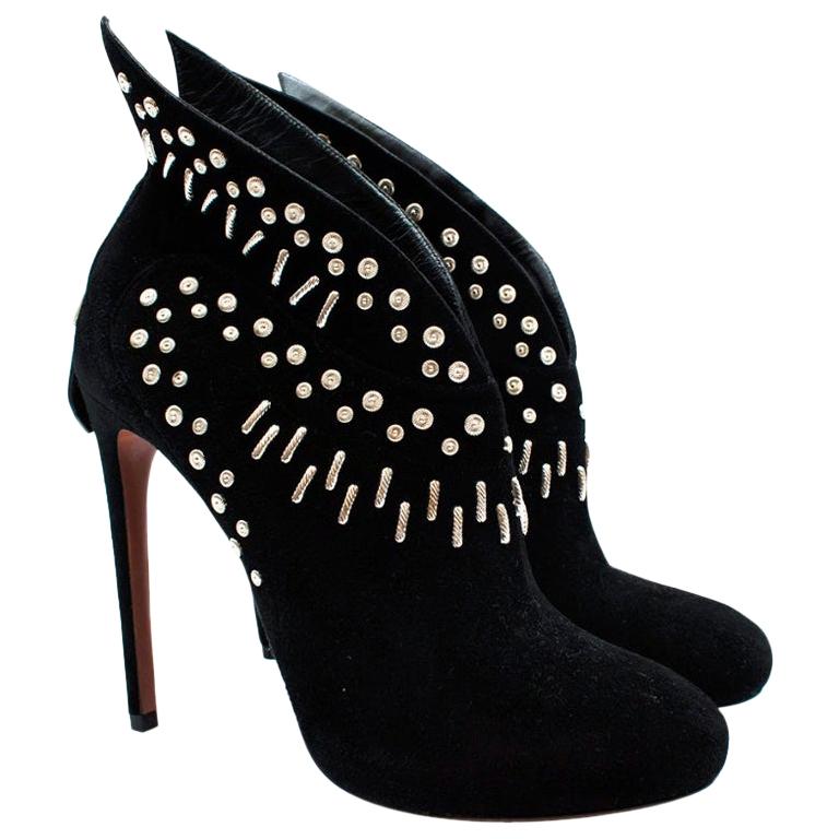 Alaia Black Studded Suede Heeled Ankle Boots - Size EU 39 For Sale