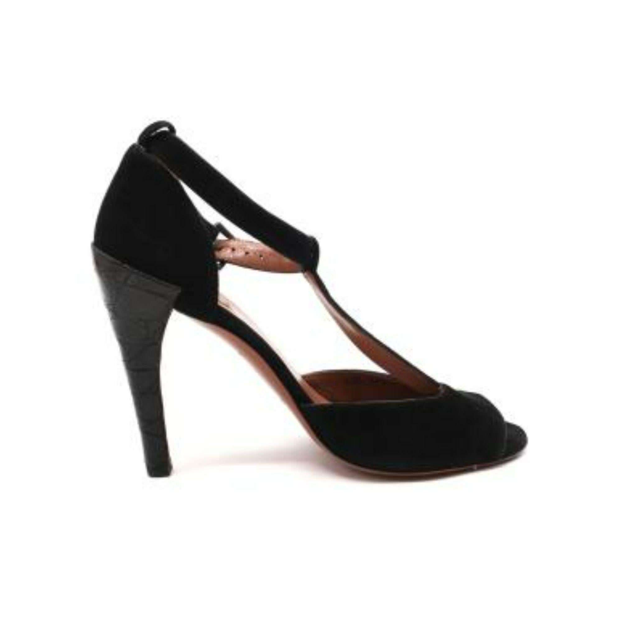 Alaia Black Suede & Croc Embossed T-bar Sandals For Sale 1