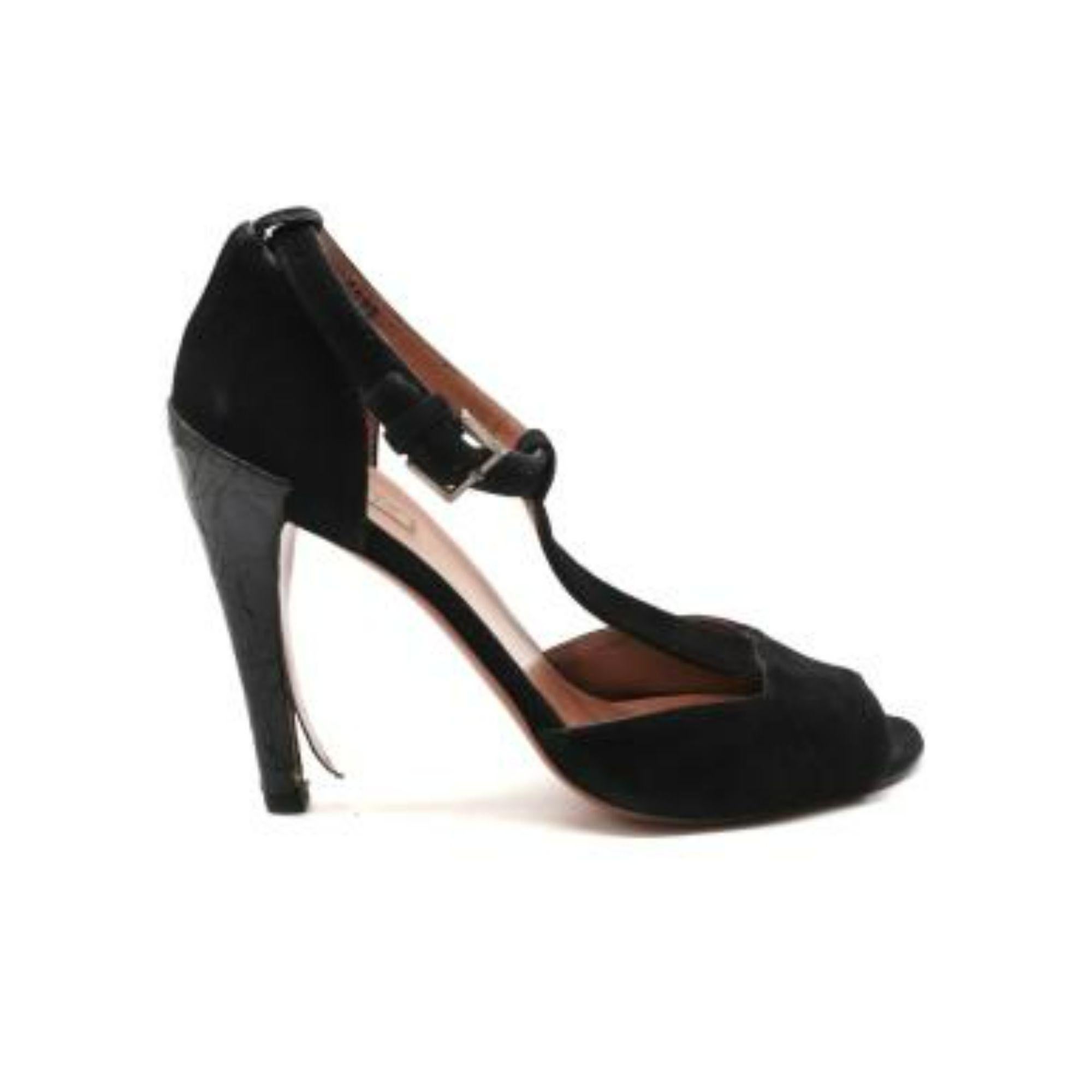 Alaia Black Suede & Croc Embossed T-bar Sandals For Sale 3