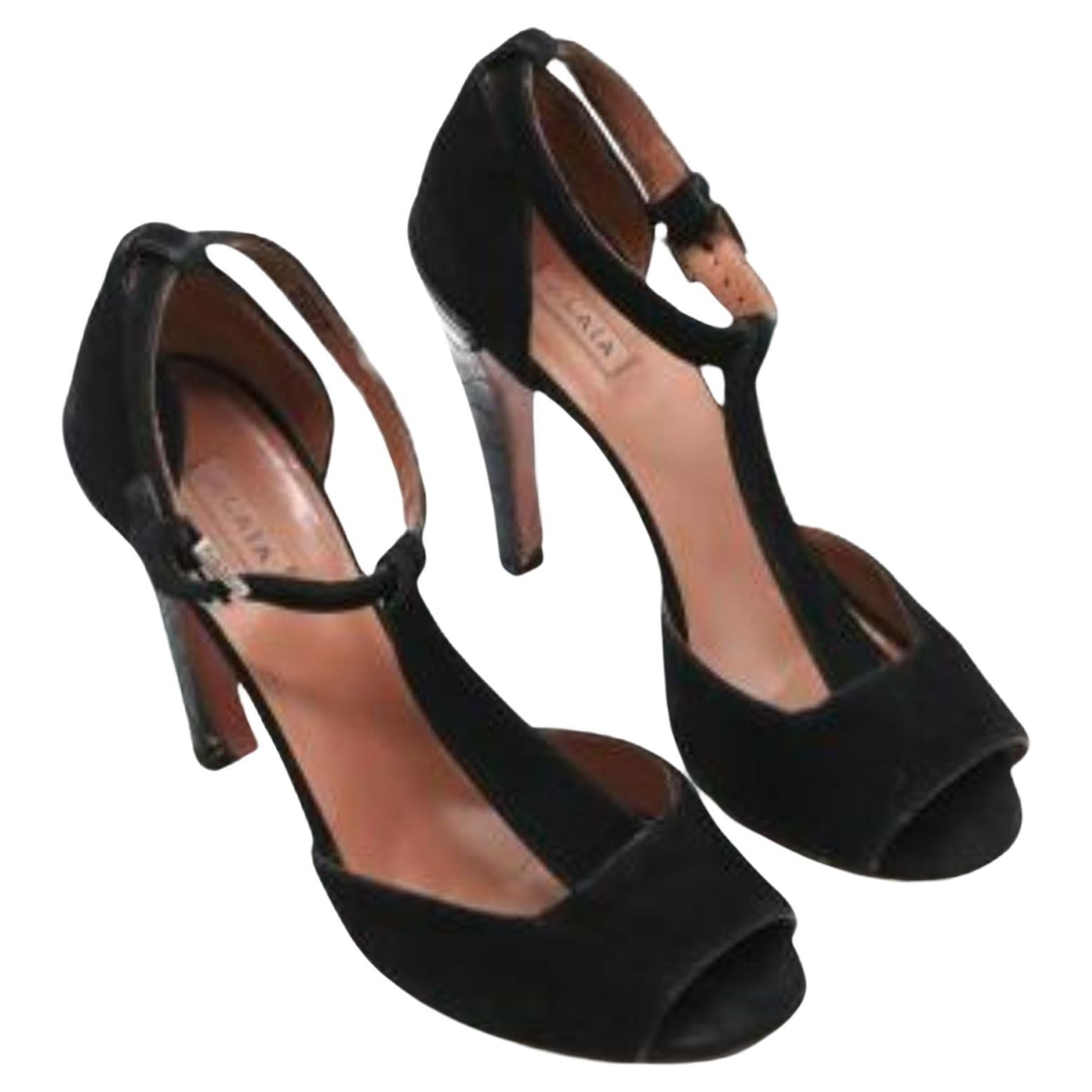 Alaia Black Suede & Croc Embossed T-bar Sandals For Sale