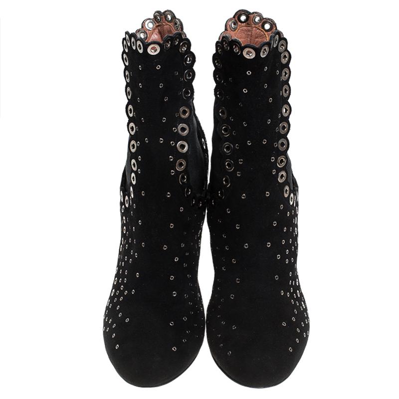 Women's Alaia Black Suede Eyelet Embellished Ankle Boots Size 38