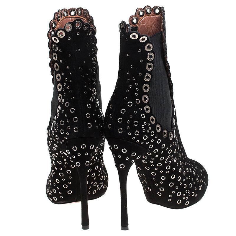 Alaia Black Suede Eyelet Embellished Ankle Boots Size 38 2