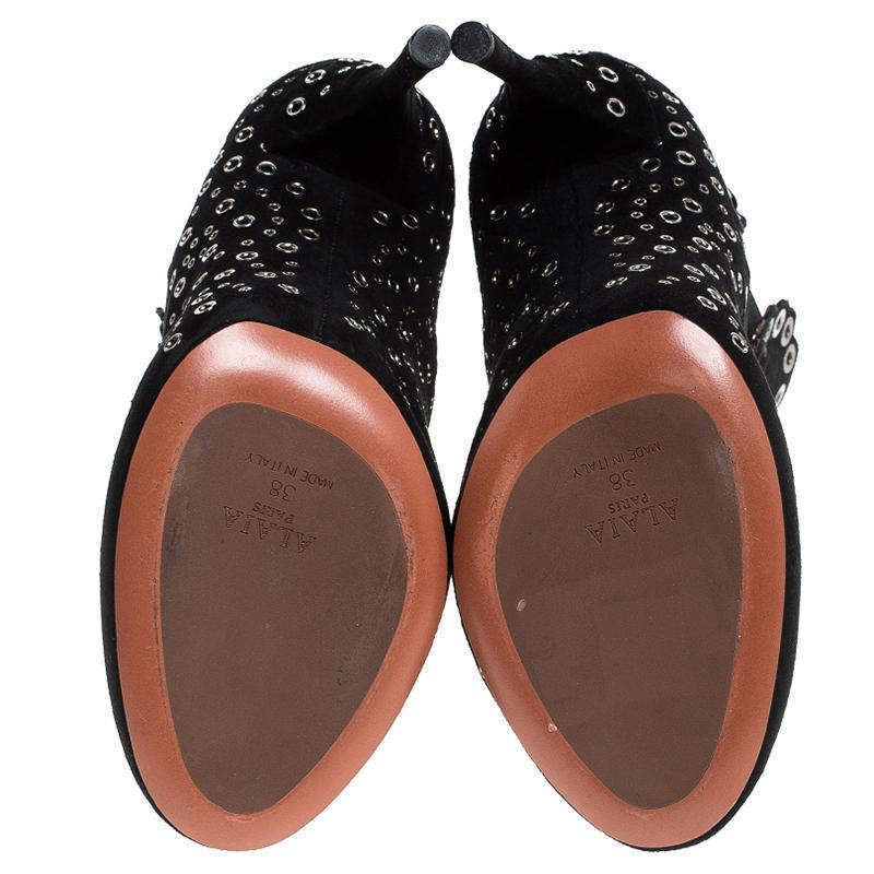Alaia Black Suede Eyelet Embellished Ankle Boots Size 38 3