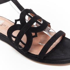 ALAIA black suede geometric cut out open toe ankle wrap flat sandals EU37.5