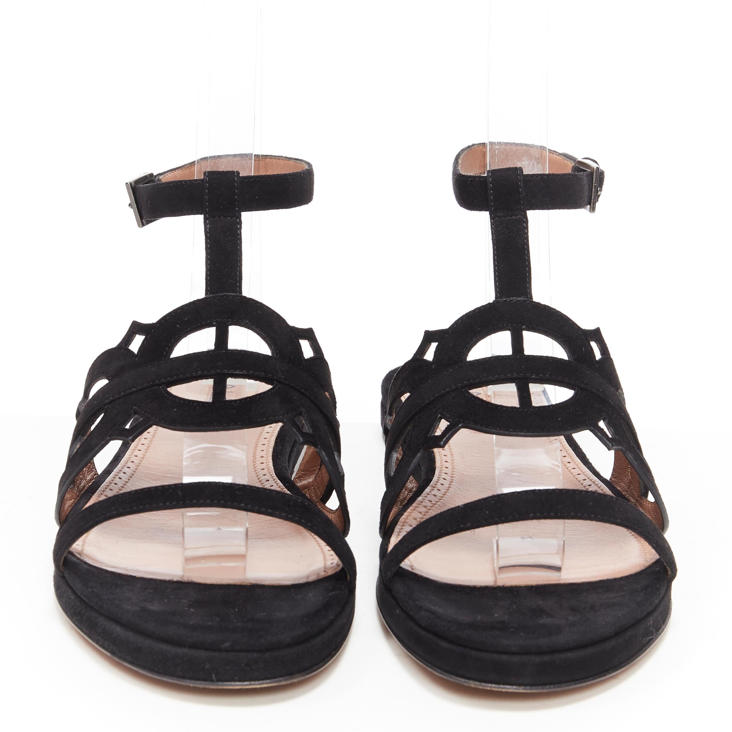 Black ALAIA black suede geometric cut out open toe ankle wrap flat sandals EU37.5