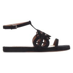 ALAIA black suede geometric leather cut out ankle strap flat sandals EU37.5