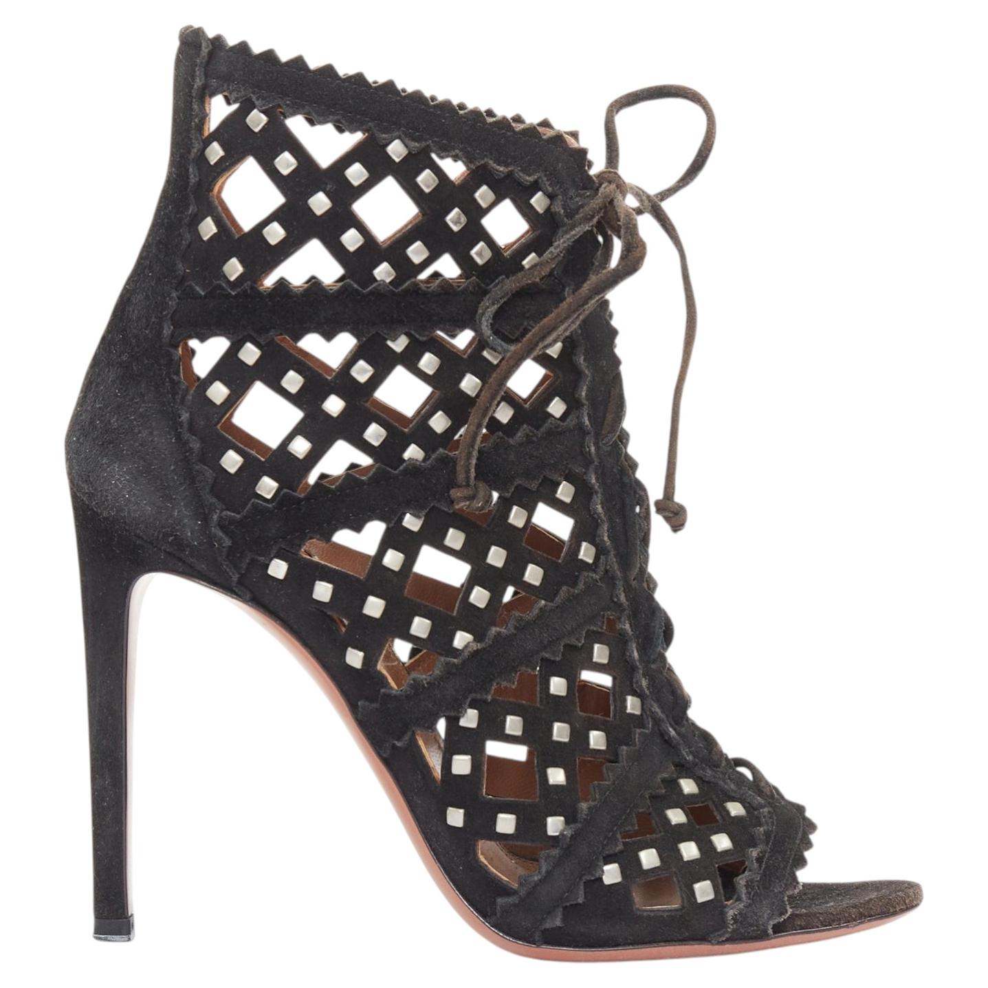ALAIA black suede laser cut diamond lattice studded cage ankle booties EU35 For Sale