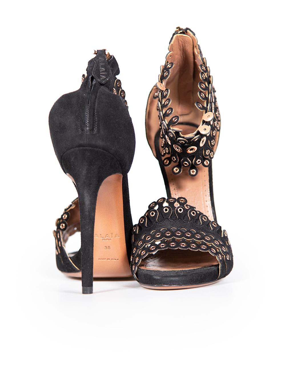 Alaïa Black Suede Laser-Cut Eyelet Detail Sandals Size IT 38 In Good Condition For Sale In London, GB