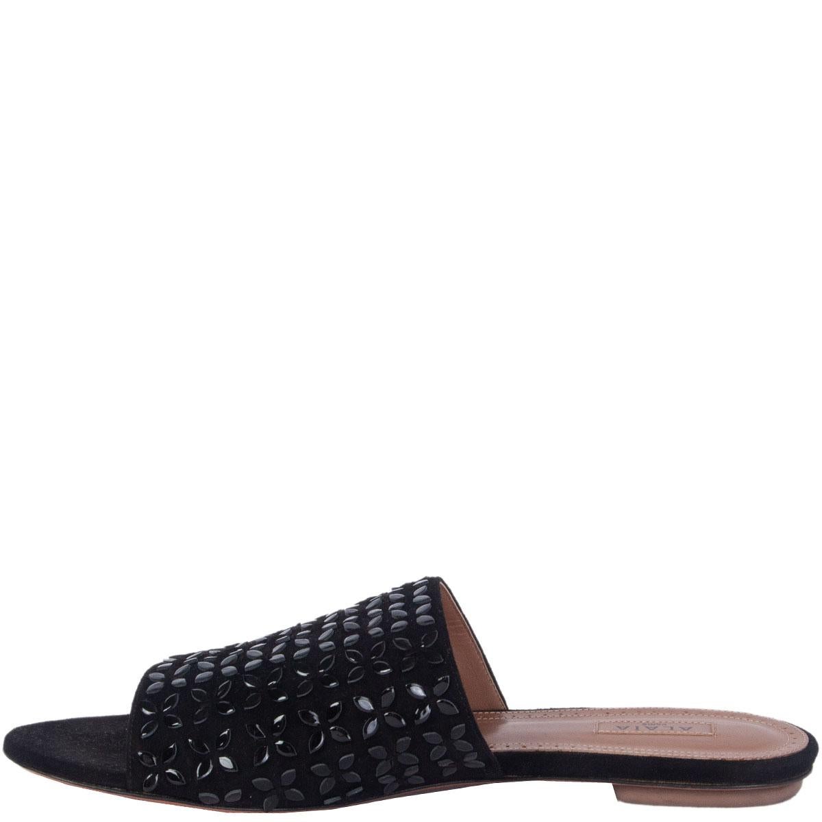 Black ALAIA black suede & LEATHER EMBELLISHED SLIDES Sandals Shoes 38 For Sale