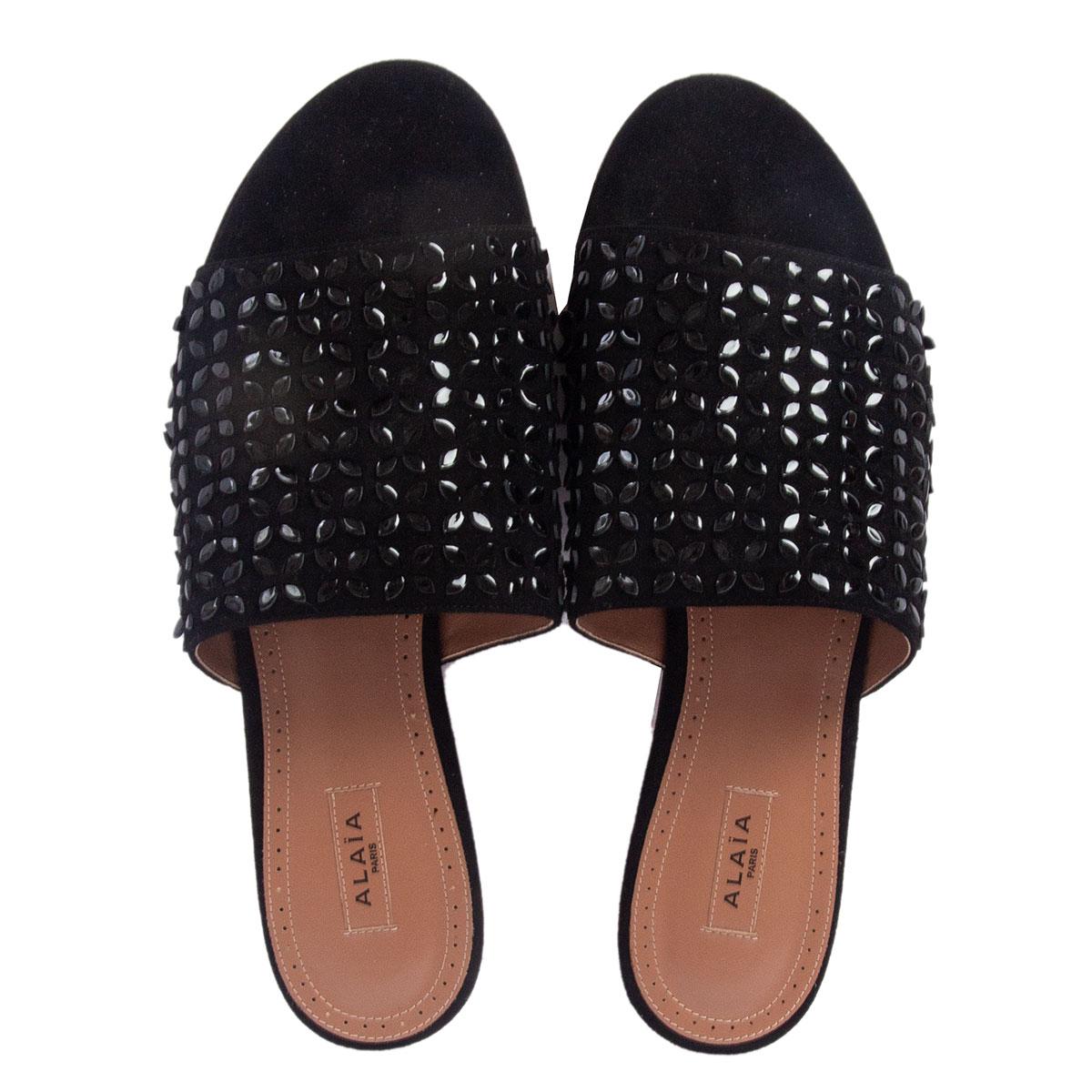 Women's ALAIA black suede & LEATHER EMBELLISHED SLIDES Sandals Shoes 38 For Sale