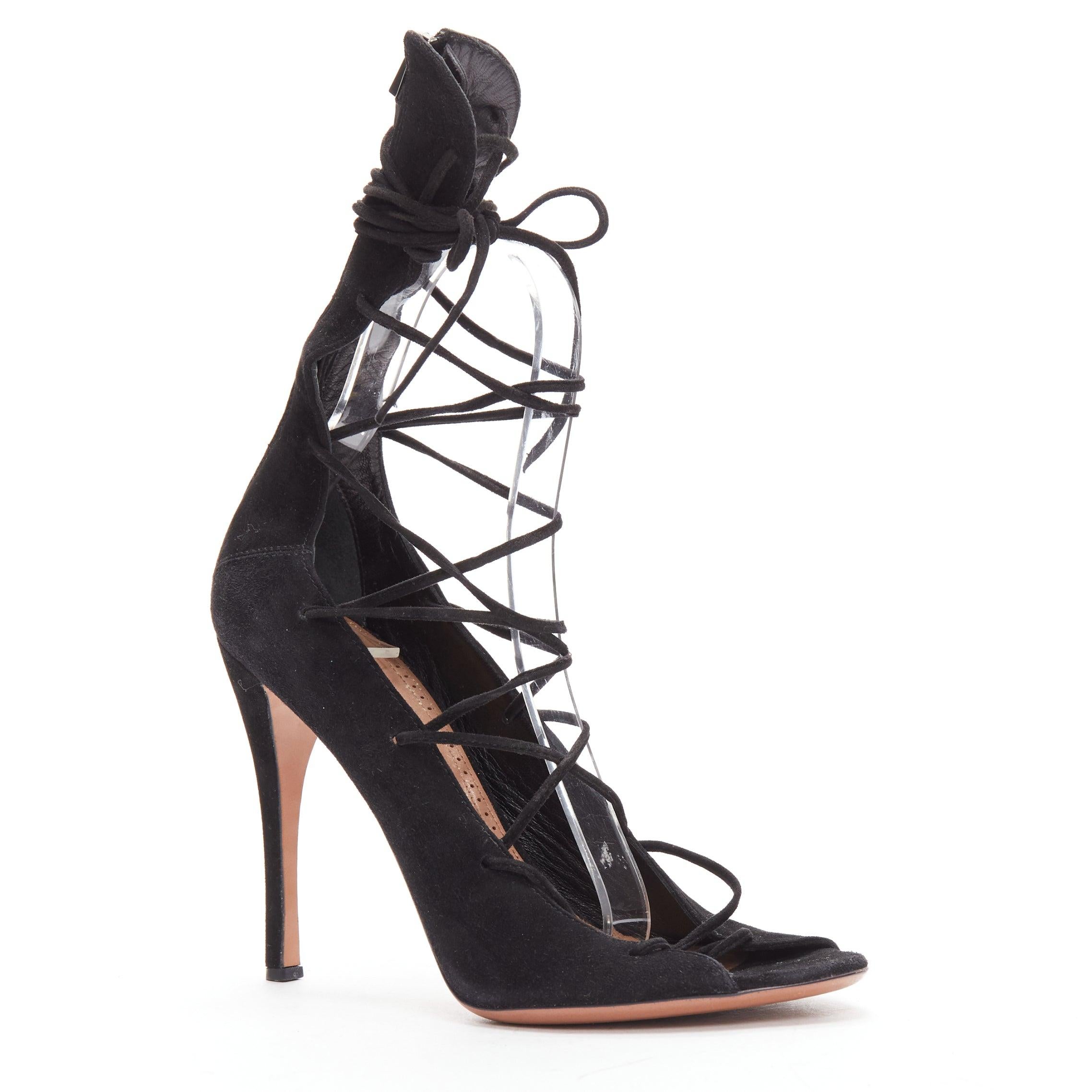 ALAIA black suede leather lace up back zip strappy sandal heels EU38.5
Reference: BSHW/A00141
Brand: Alaia
Designer: Azzedine Alaia
Material: Leather
Color: Black
Pattern: Solid
Closure: Lace Up
Lining: Nude Leather
Extra Details: Stiletto heels