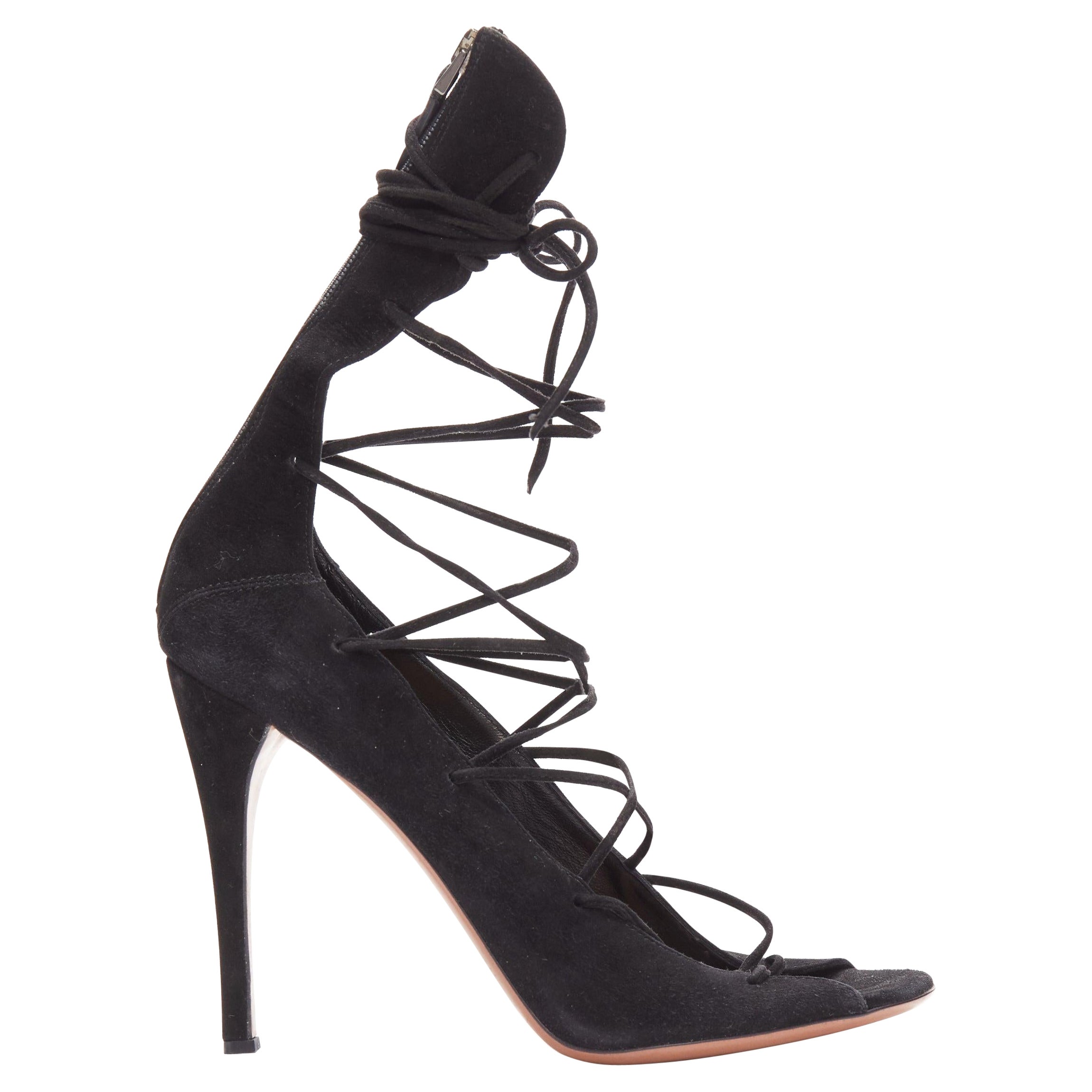 ALAIA black suede leather lace up back zip strappy sandal heels EU38.5