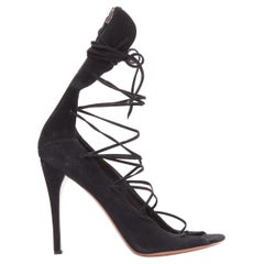 ALAIA black suede leather lace up back zip strappy sandal heels EU38.5