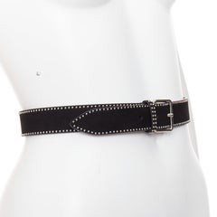 ALAIA black suede leather silver mini dome studded buckled belt 65cm