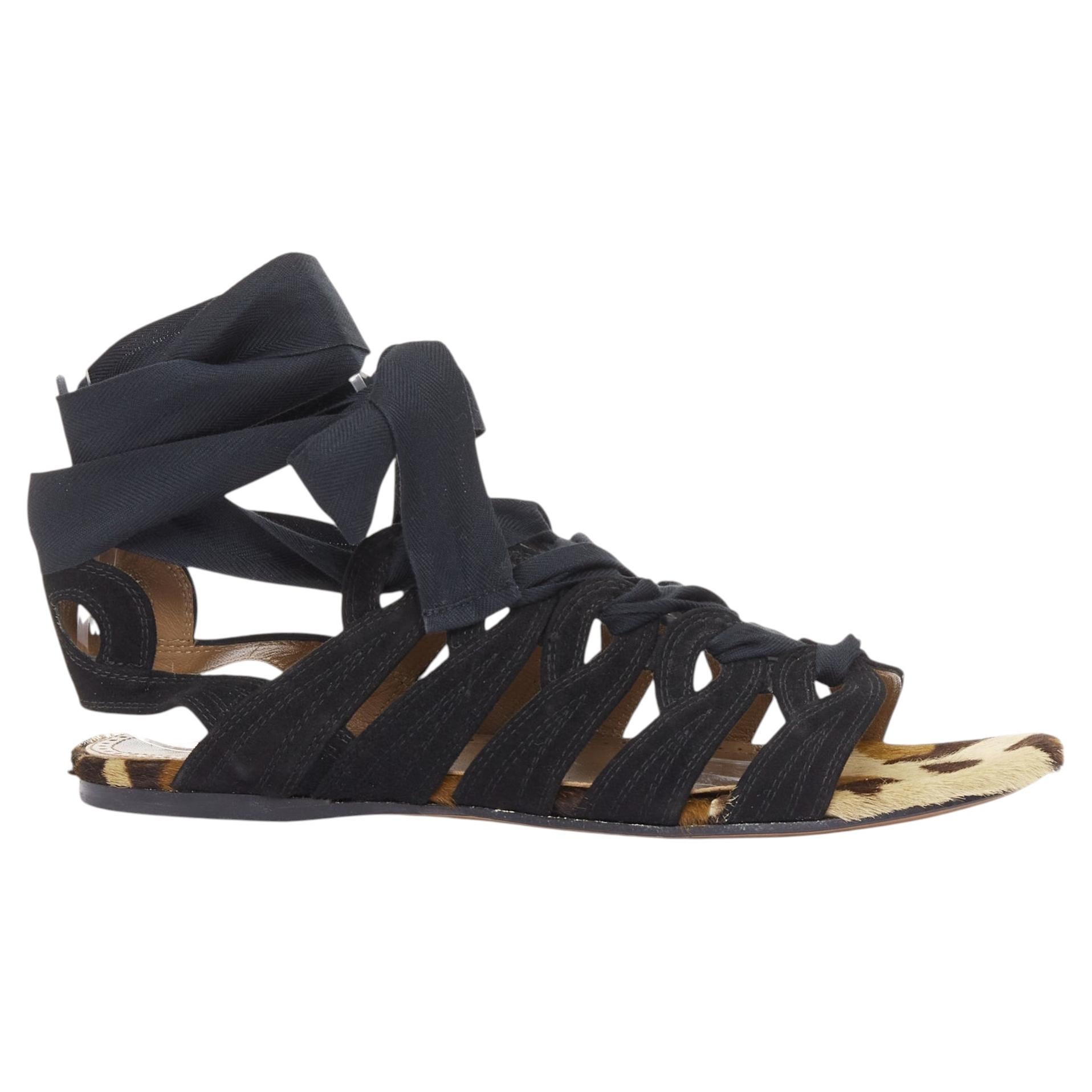 Pre-owned Alaïa Alaia Black Suede Leopard Pony Hair Wrap Tie Lace Up Gladiator Sandals Eu36.5