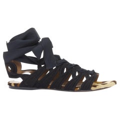ALAIA Gladiator-Sandalen aus schwarzem Wildleder mit Leopardenmuster und Ponyhaar, mit Wickelriemen und Schnürung, Größe 36,5 (EU)