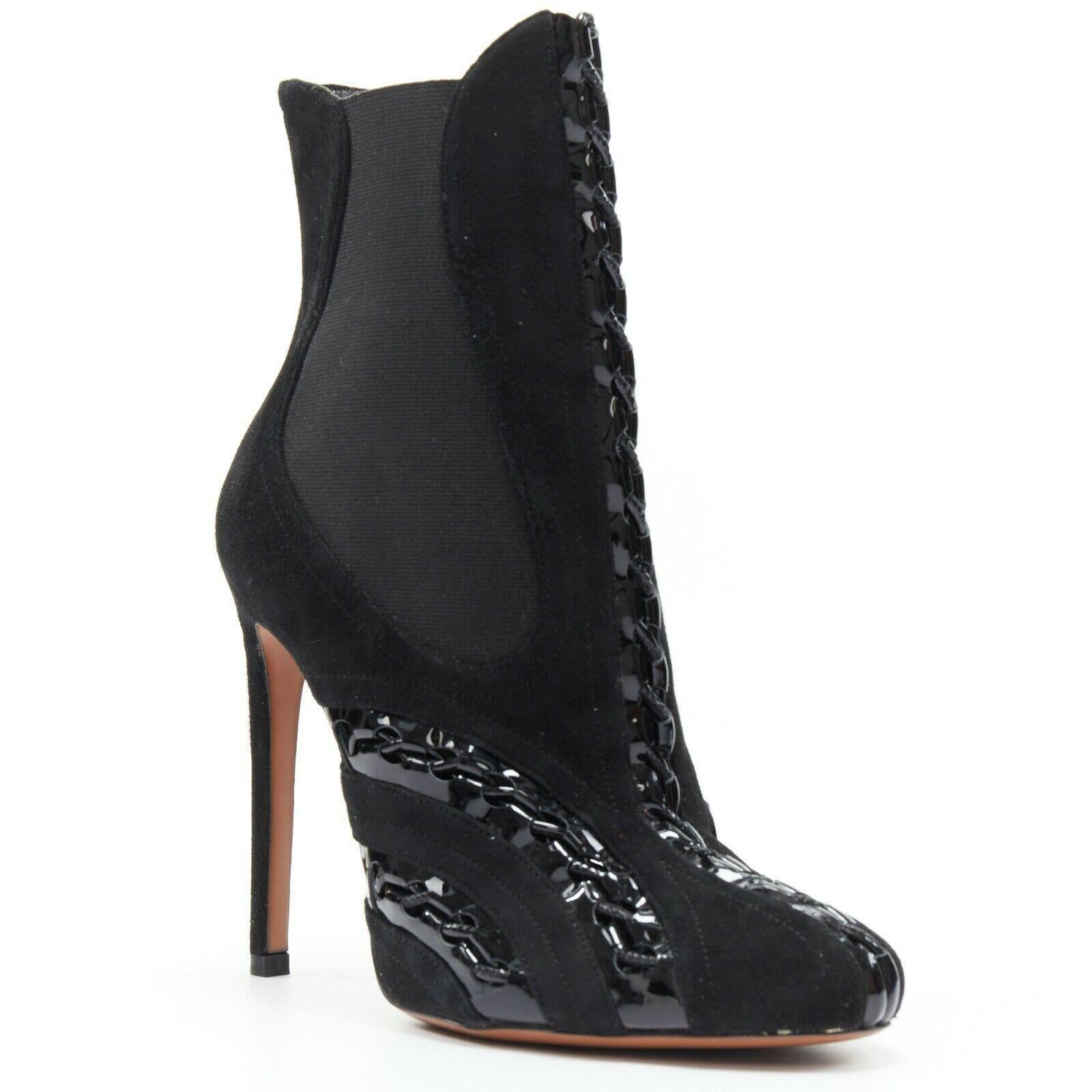 ALAIA black suede patent lace up detail stretch fit high heel ankle ...