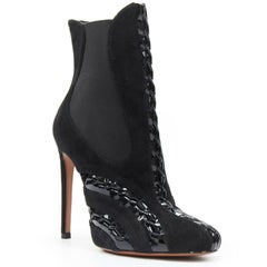 ALAIA black suede patent lace up detail stretch fit high heel ankle boot EU37