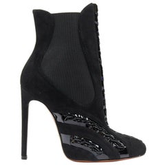 ALAIA black suede patent lace up detail stretch fit high heel ankle boot EU37