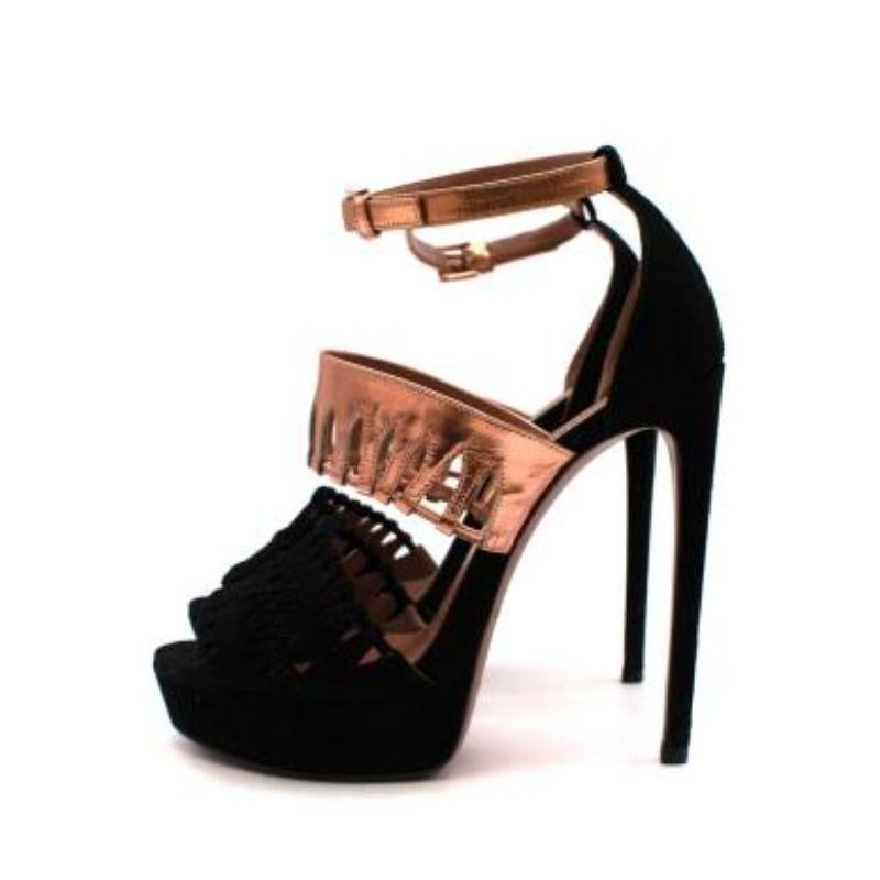 Women's Alaia Black Suede & Rose Gold Leather Platform Heeled Sandals For Sale