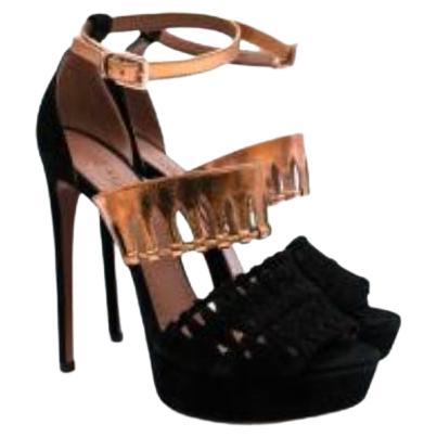 Alaia Black Suede & Rose Gold Leather Platform Heeled Sandals For Sale