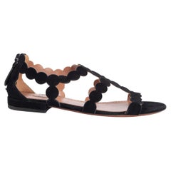 ALAIA black suede SCALLOPED Flat Sandals Shoes 37.5