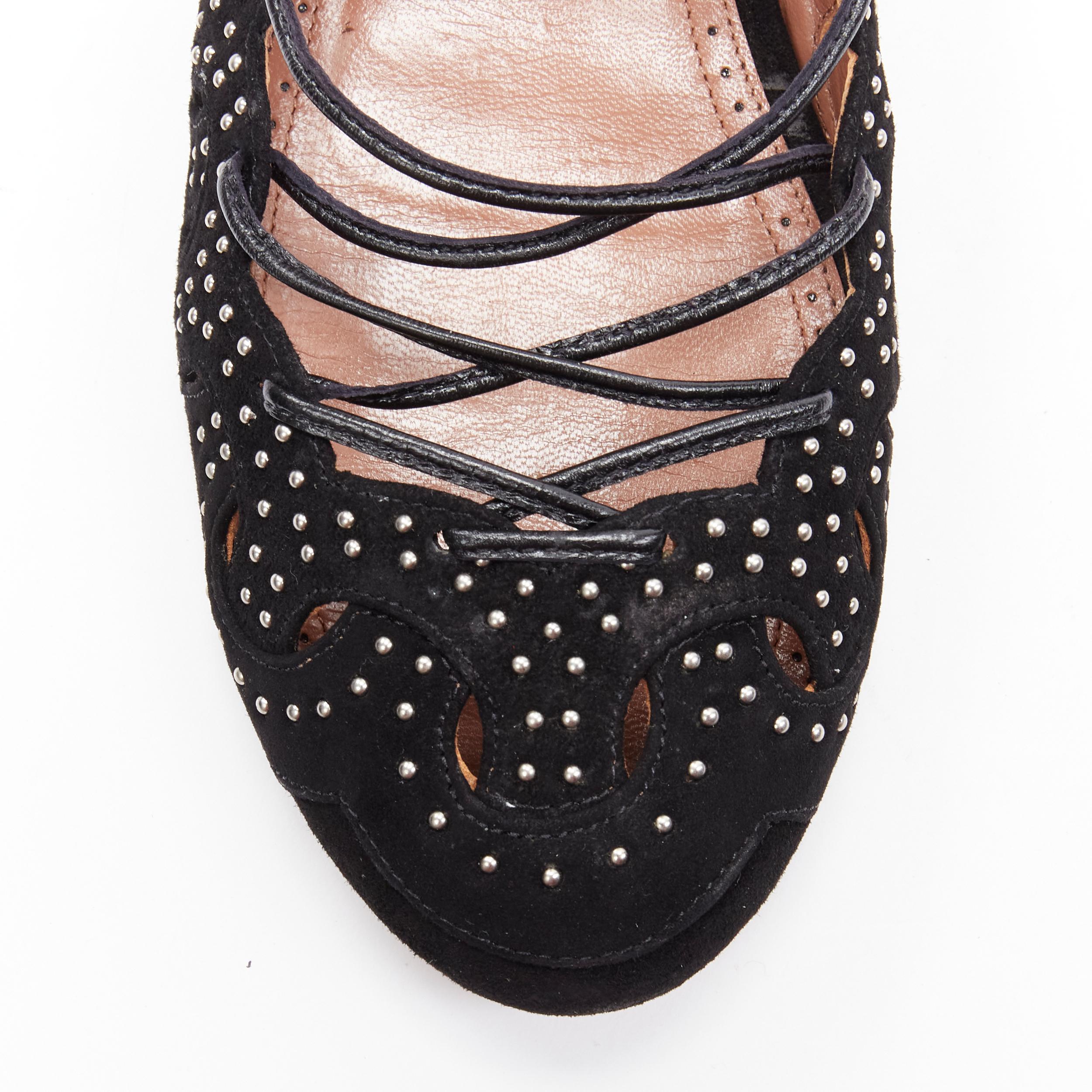 Black ALAIA black suede silver studed circle cut out lace up ballerina flats EU37 For Sale