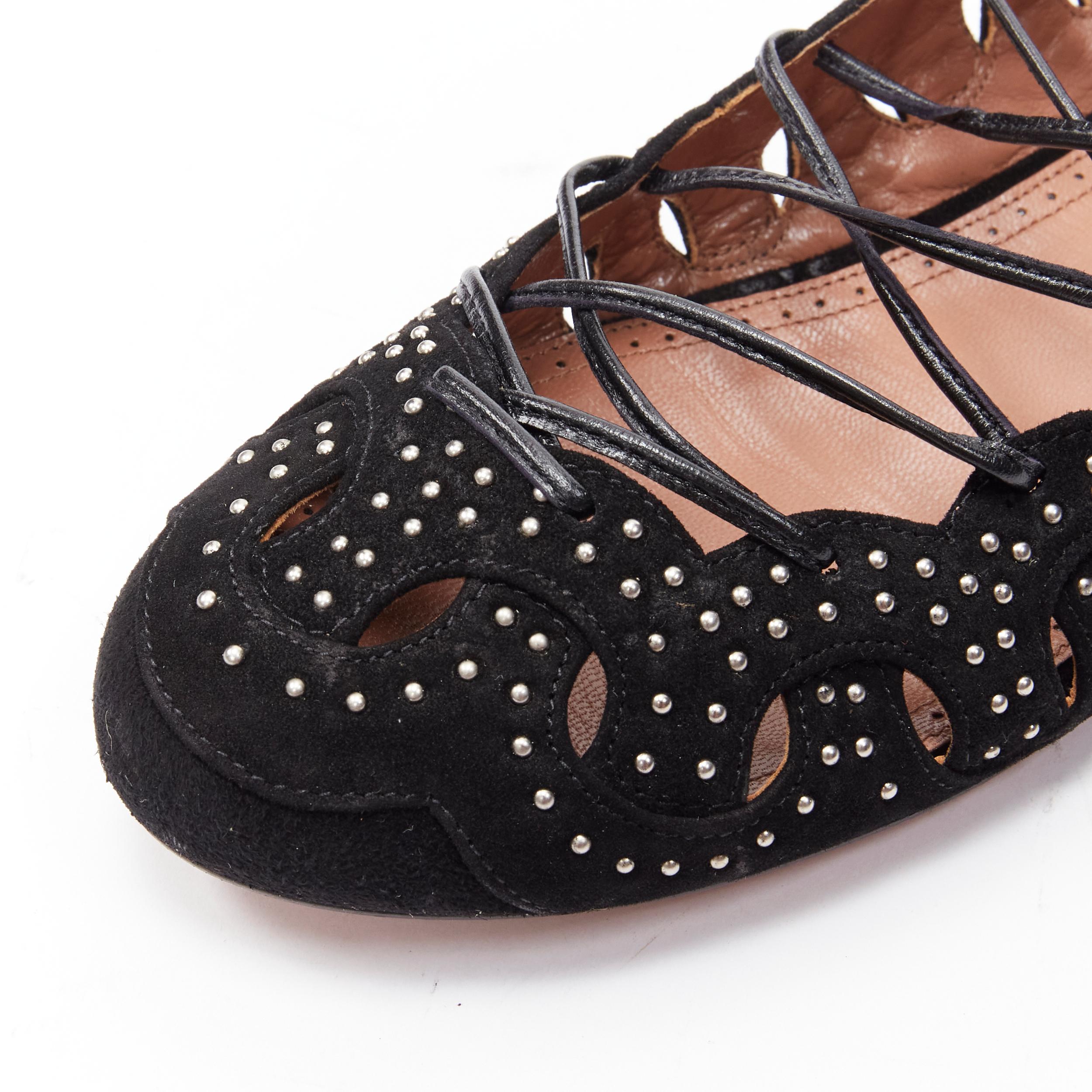 ALAIA black suede silver studed circle cut out lace up ballerina flats EU37 In Excellent Condition For Sale In Hong Kong, NT