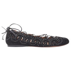 ALAIA black suede silver studed circle cut out lace up ballerina flats EU37
