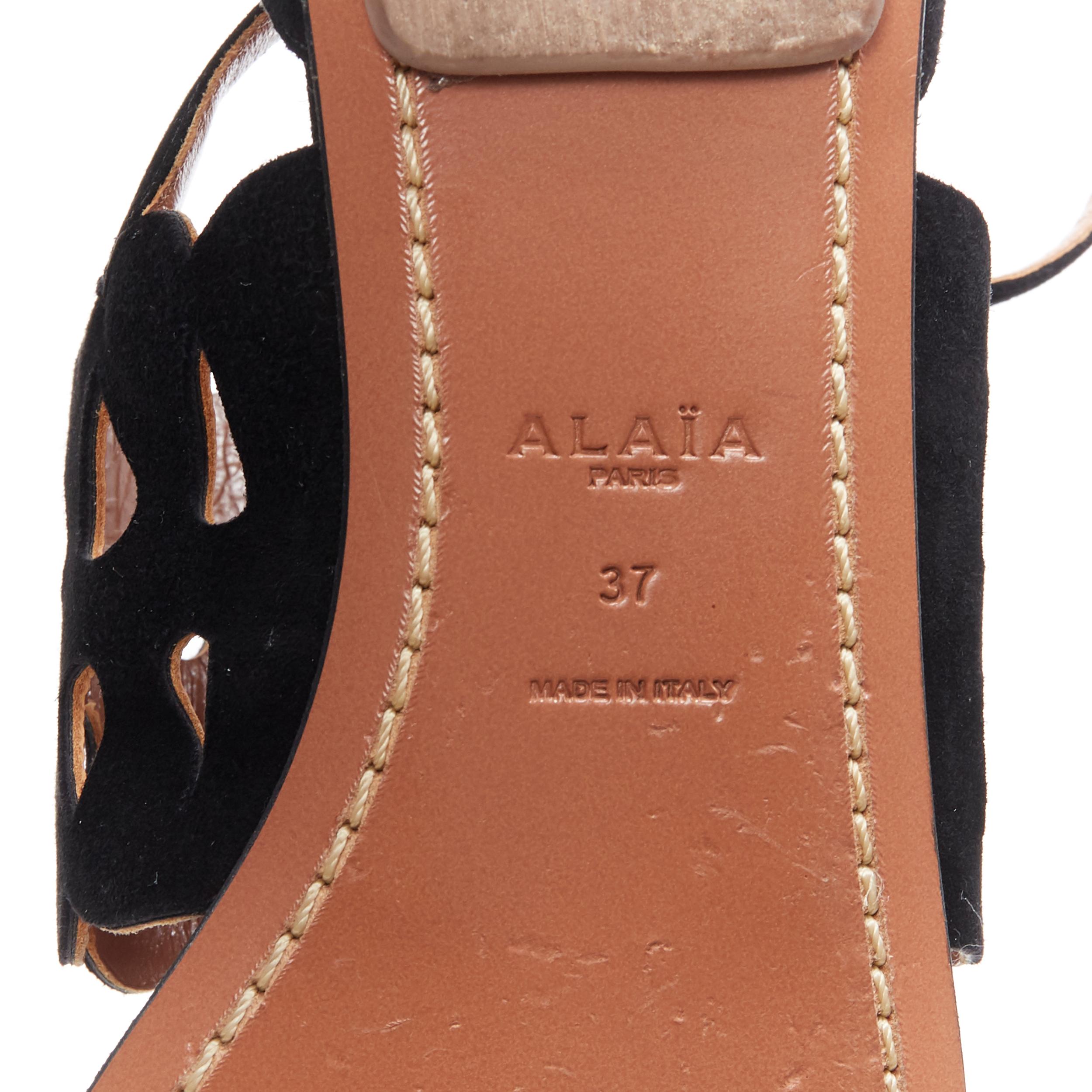 ALAIA black suede squiggly cut out strap open toe ankle wrap flat sandals EU37 3