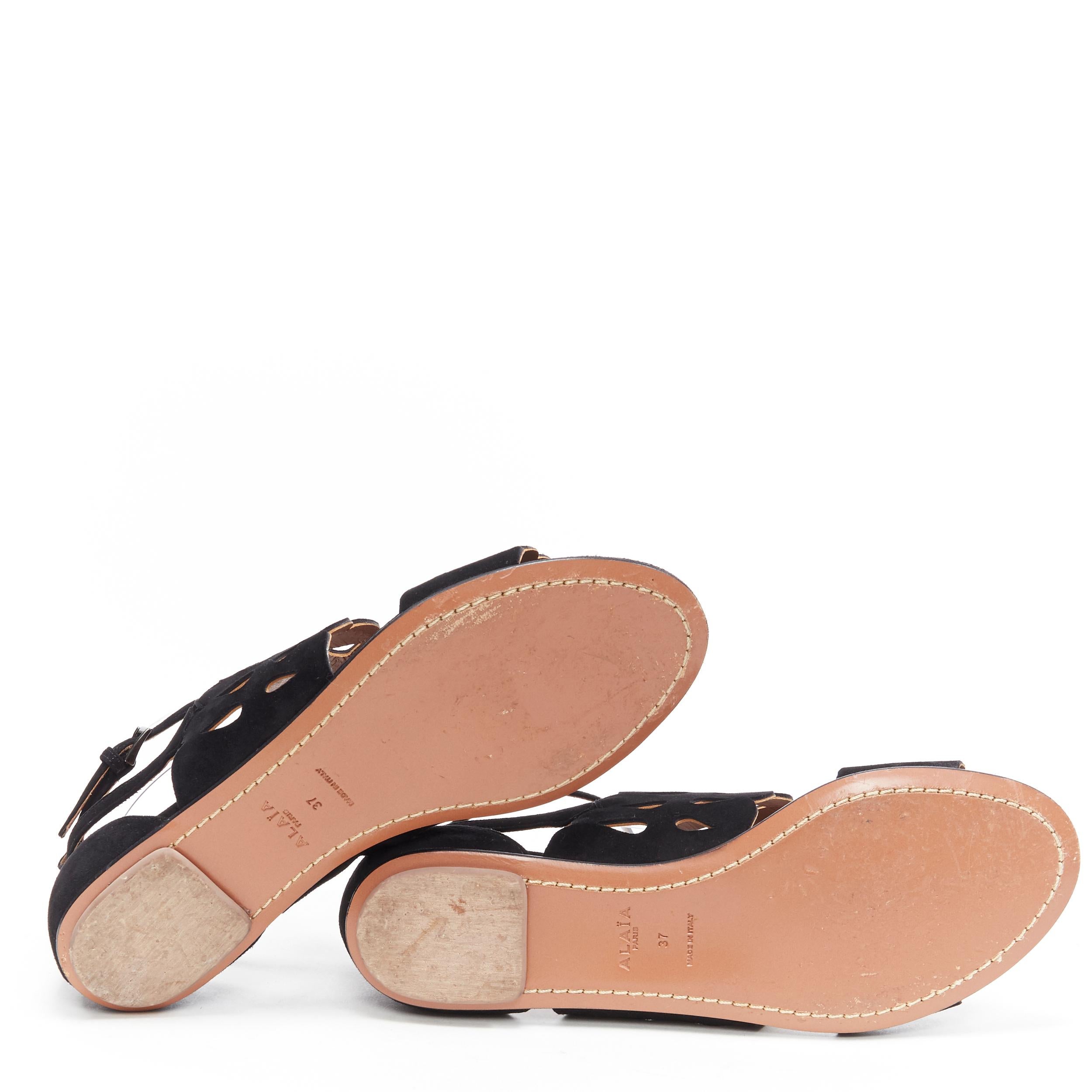 Black ALAIA black suede squiggly cut out strap open toe ankle wrap flat sandals EU37