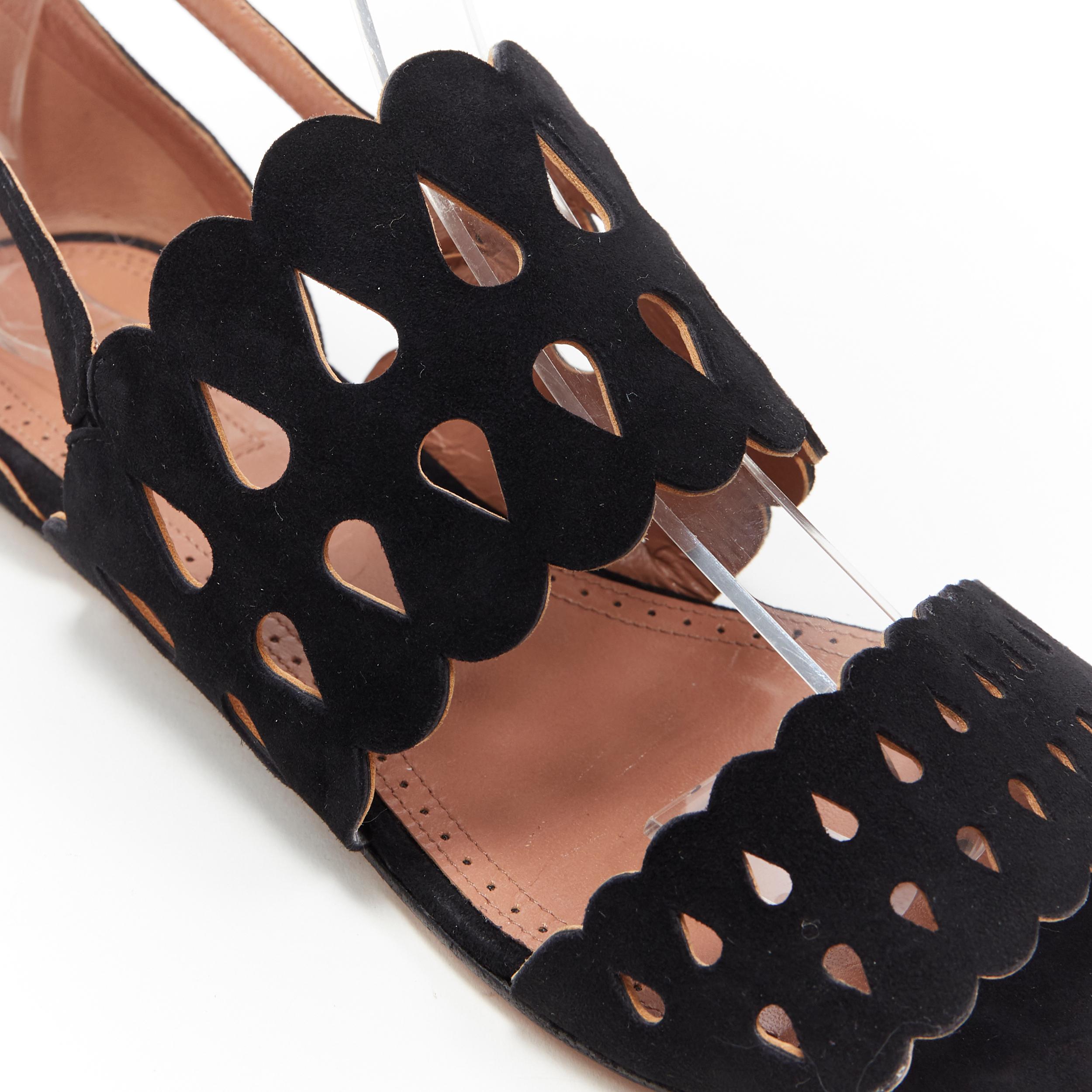 Women's ALAIA black suede squiggly cut out strap open toe ankle wrap flat sandals EU37