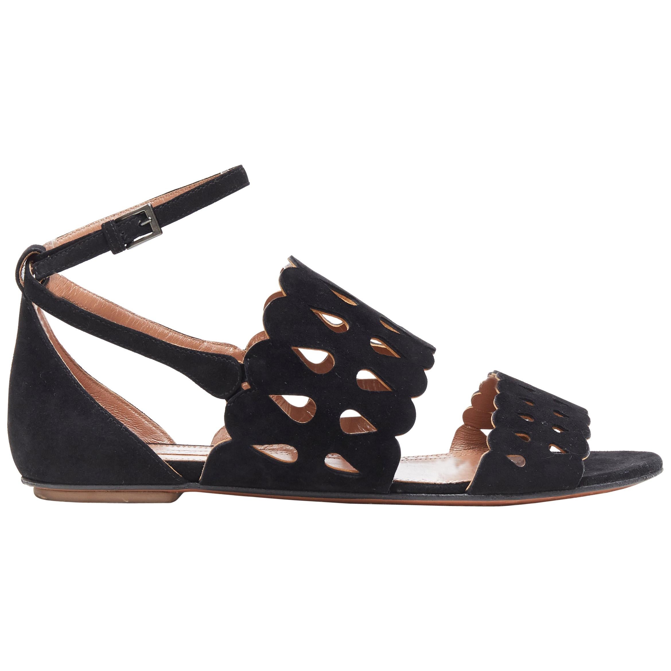 ALAIA black suede squiggly cut out strap open toe ankle wrap flat sandals EU37